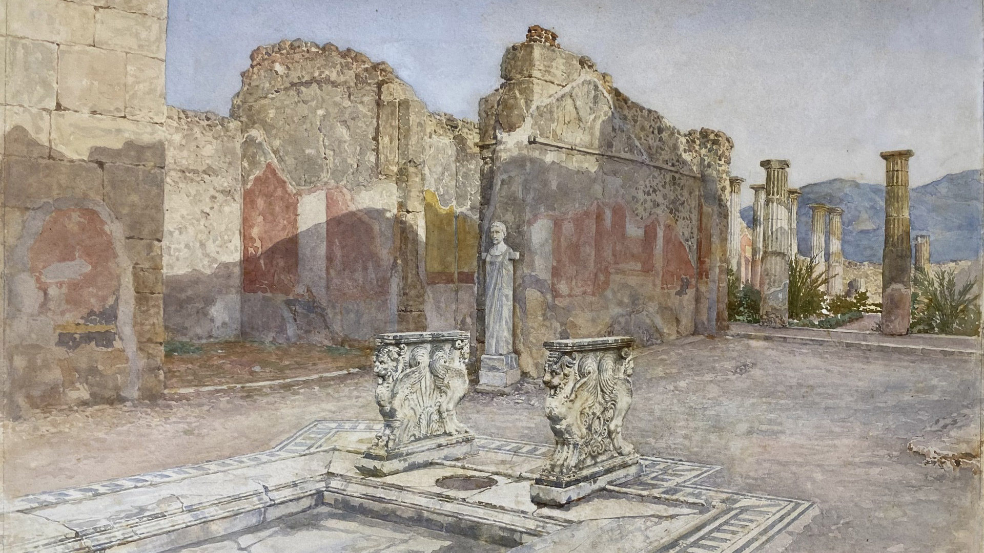 Acquerello di Luigi Bazzani che ritrae la Casa di Cornelio Rufo a Pompei. Anno 1913