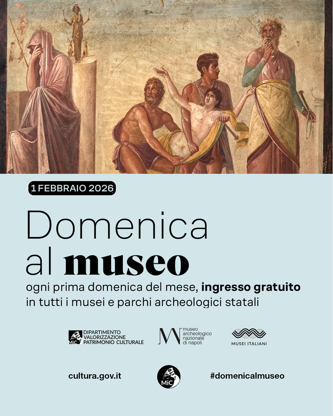 locandina promozionale della prima domanica del mese a ingresso gratuito